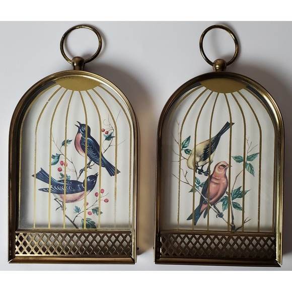 Set of two (2) Vintage Trompe‎ L'oeil Style Framed Birds in Birdcage Brass Decor